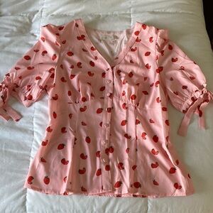 Belle Poque Women's V Neck Puff Sleeve Blouse Strawberry Pink 1950s